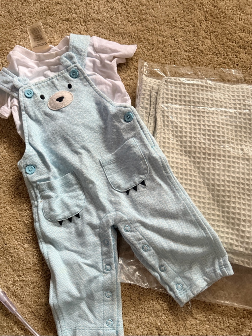 Baby Boys Light Blue Bear Overalls 3-6M w/New  Blanket